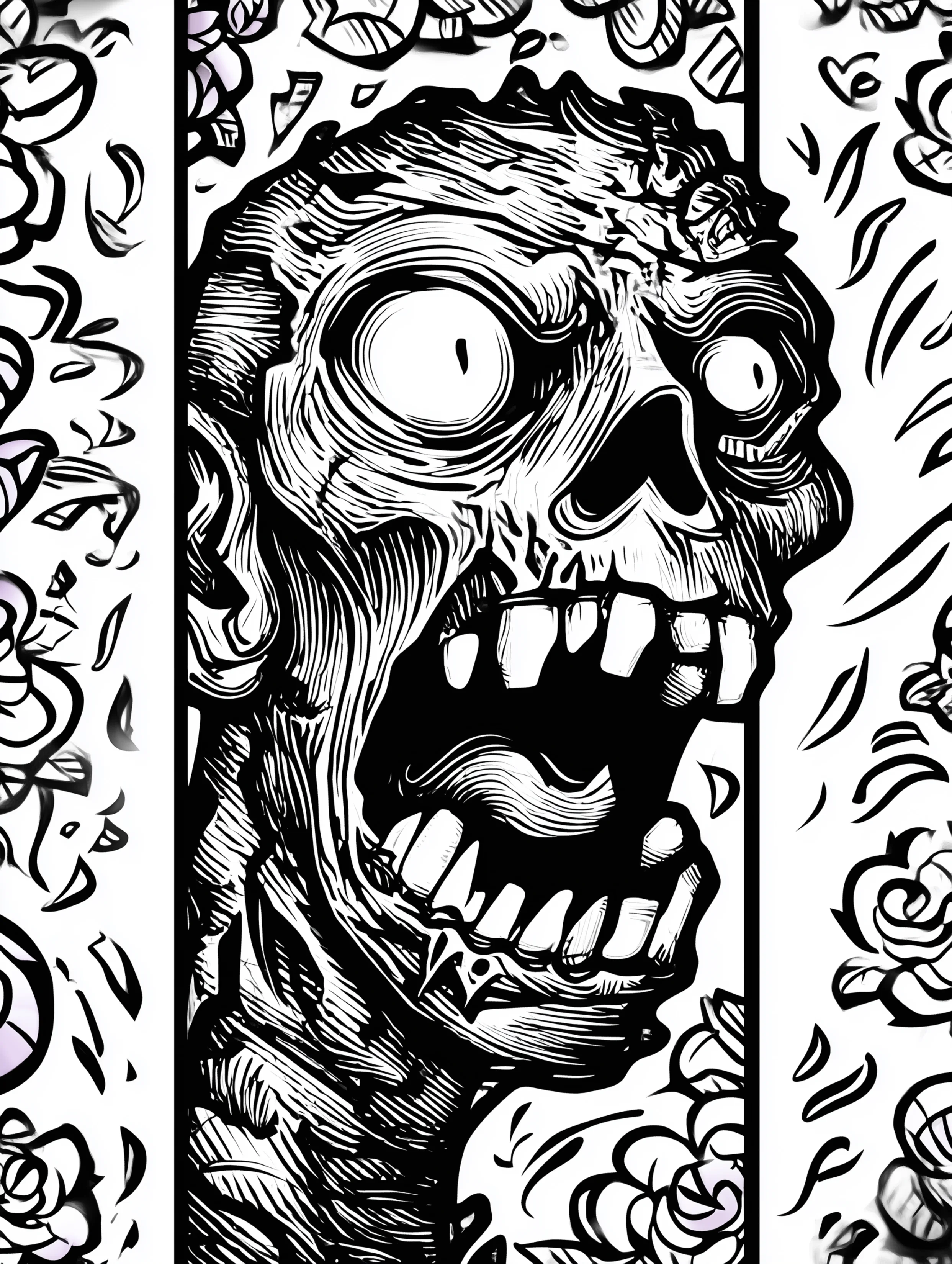 Free printable zombie coloring page for adults featuring a chomping zombie face from the right